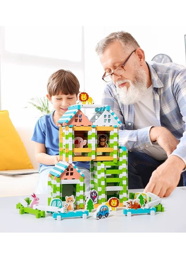 Деревянный конструктор с фигурками животных и транспорта 120 деталей No Brand (358936266)