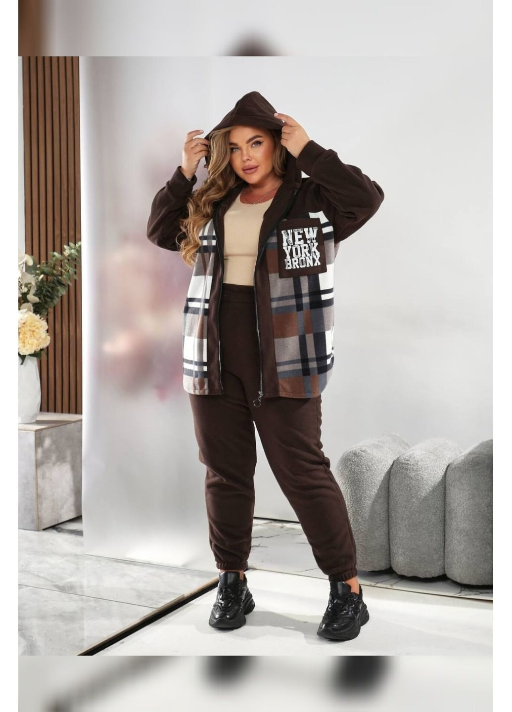 Жіночий флісовий костюм батал шоколад демісезон клітинка Bonita Спортивний костюм (361019527)