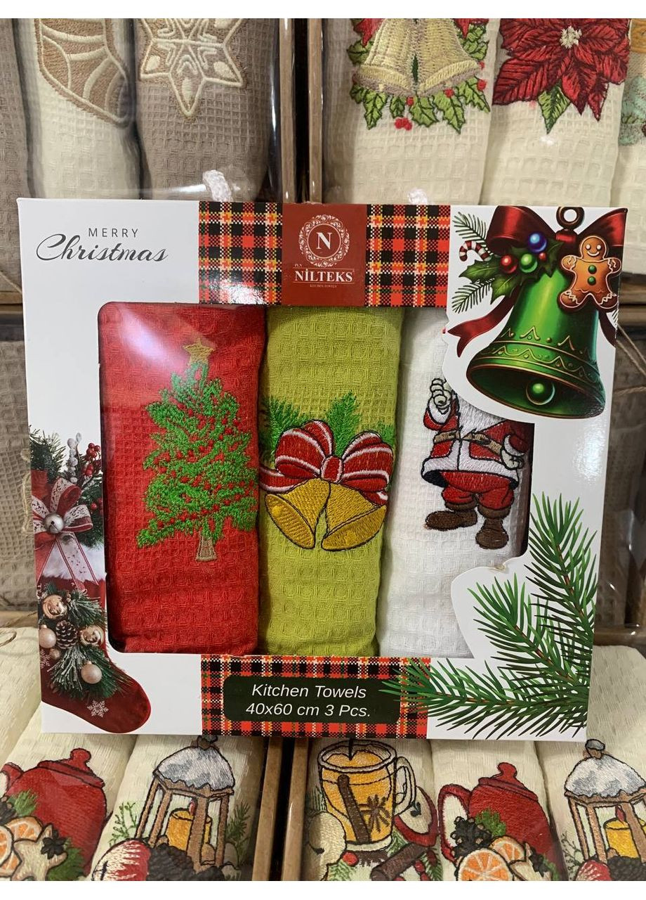 Новорічні вафельні кухонні рушники 3 штуки Vishnya комбінований