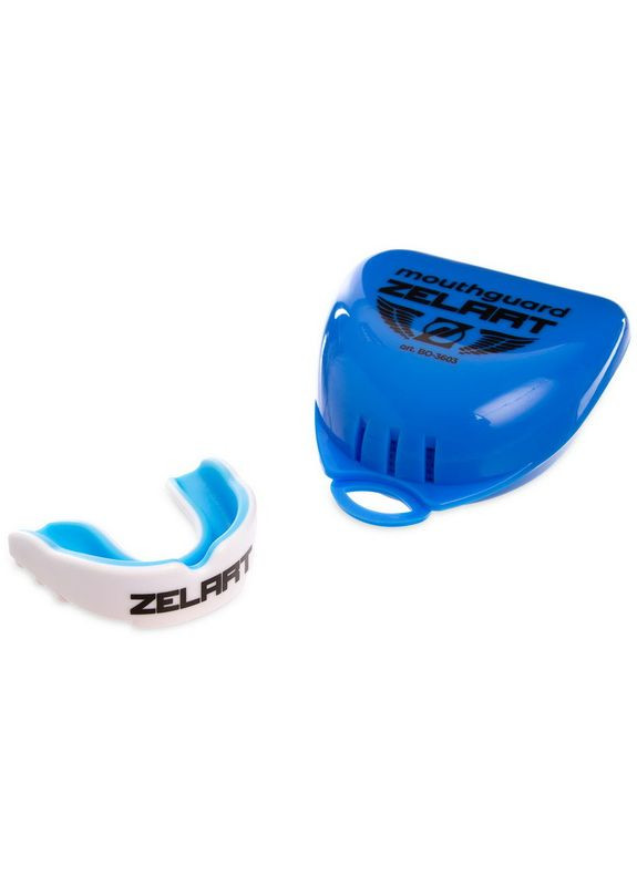Капа боксерська одностороння (однощелепна) двокомпонентна у футлярі BO-3603 (термопластик, Білий-синій) Zelart (361439690)