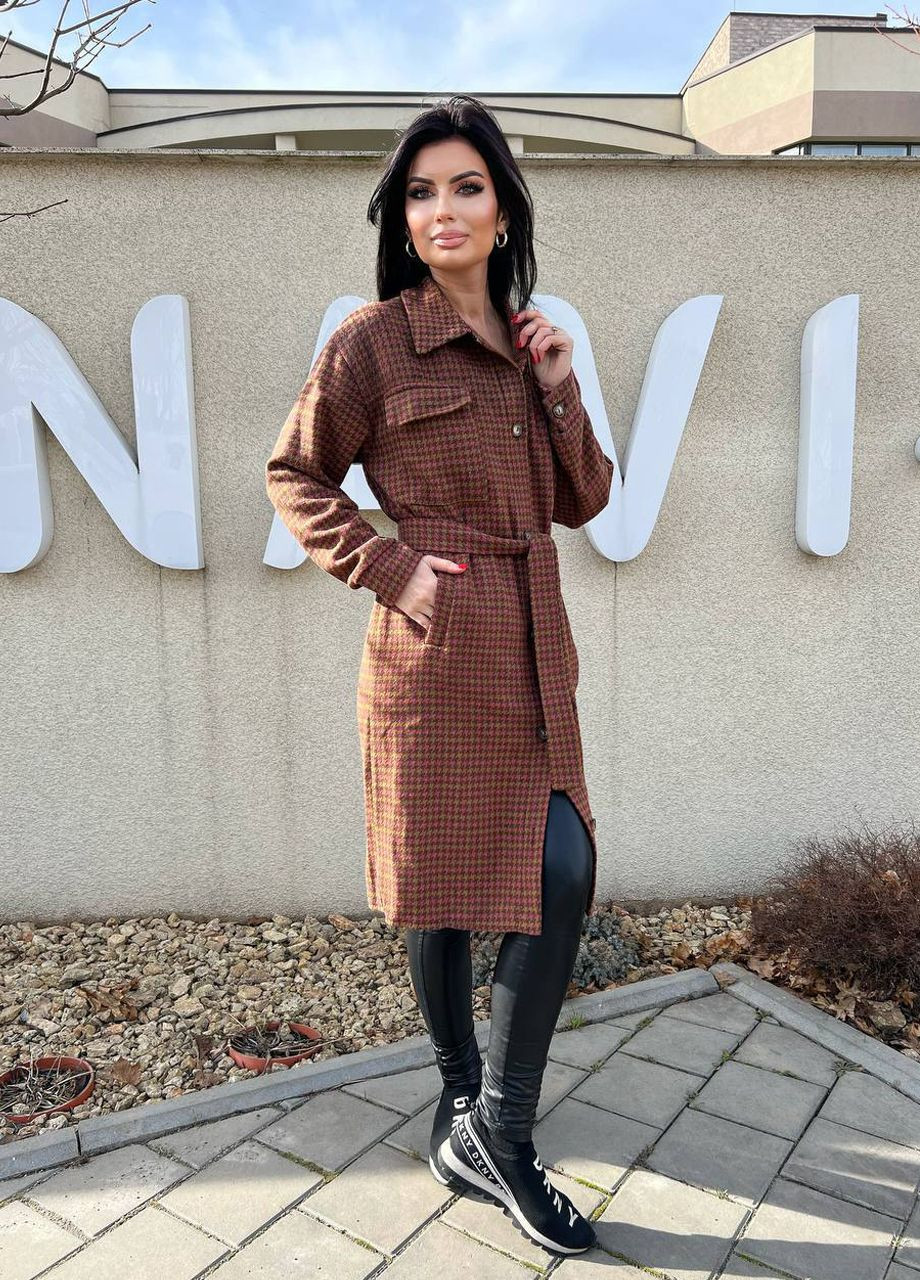 Коричневе демісезонне Жіноче легке пальто-сорочка у гусячу лапку з кашеміру пальто-сорочка Modena