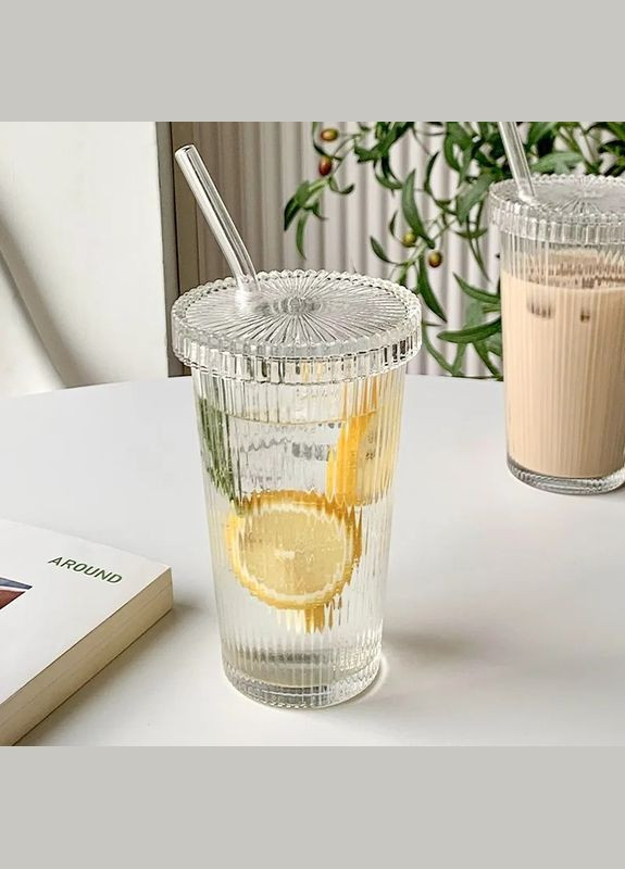 Склянка з ребристого скла з кришкою і трубочкою для коктейлів, айс кави - Vintage 375 мл More (300522971)