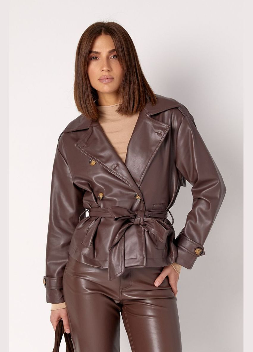 Коричнева демісезонна жіноча куртка з поясом з екошкіри 235053 Lurex