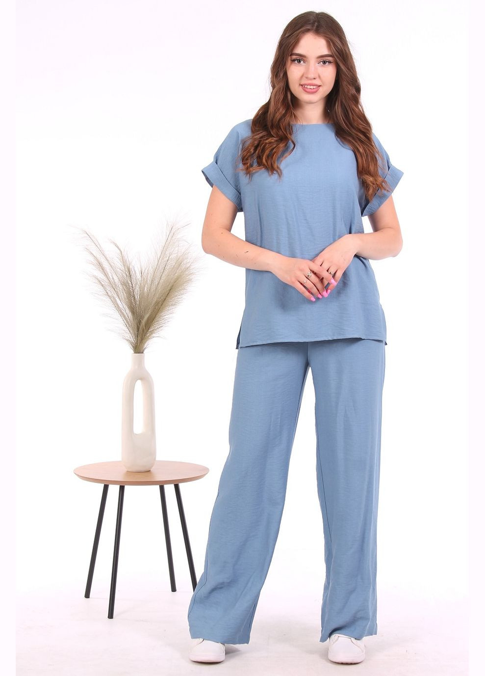 Костюм двійка базовий жіночий 0541 льон жатка джинсовий Актуаль (335007139)