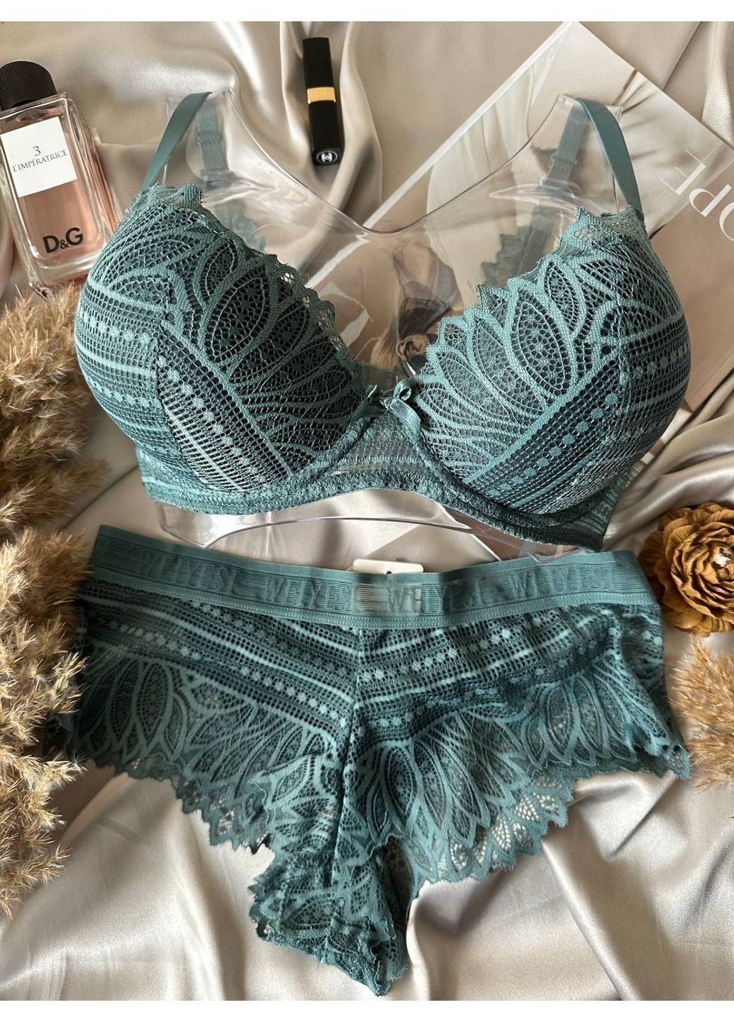 Бирюзовый комплект женского нижнего белья с кружевом Weiyesi
