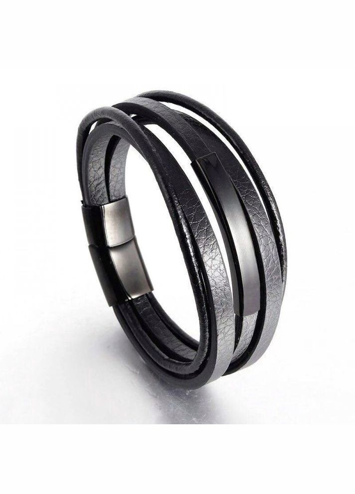 Мужской кожаный браслет плетеный, черный с металлическими вставками и магнитным замком No Brand (328251231)