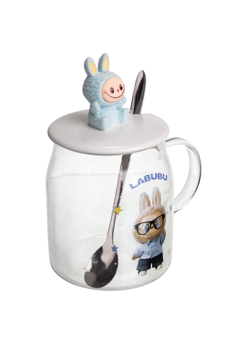 Чашка скляна Labubu 600 мл з ложкою і порцеляновою кришкою, блакитний Yiwu (367724695)