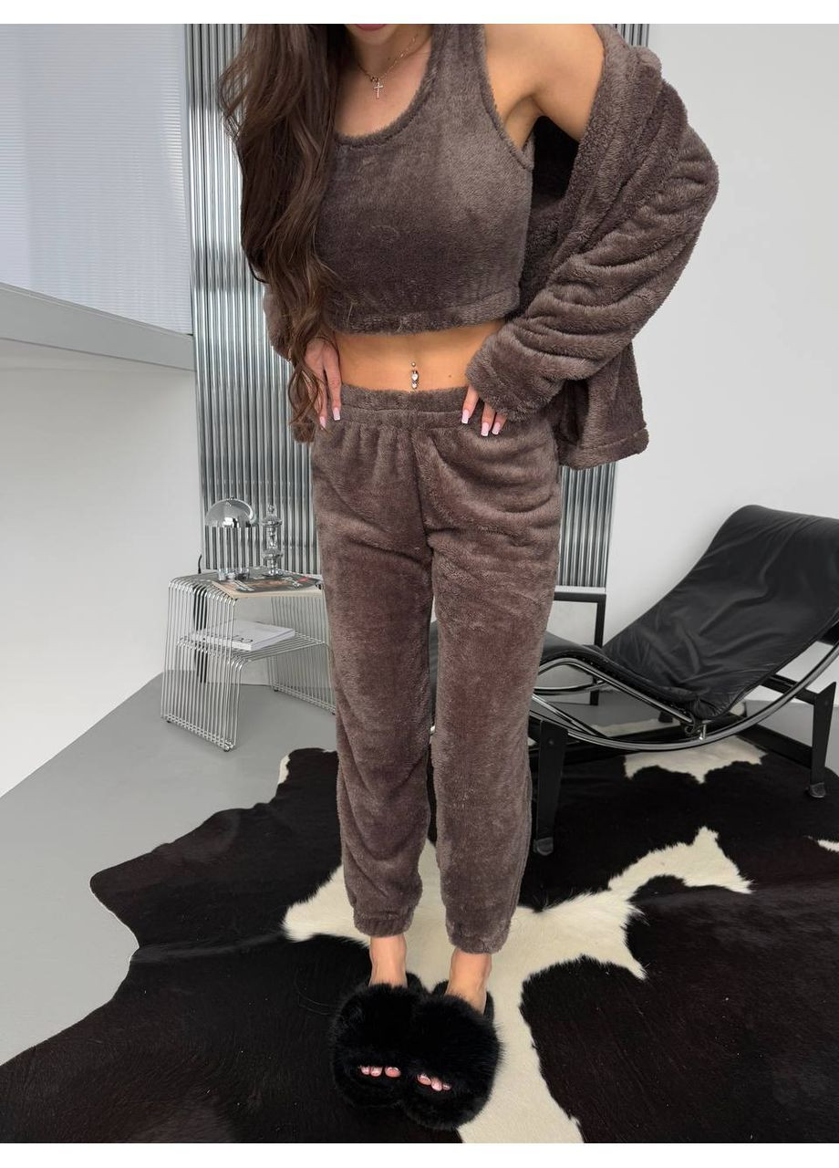 Коричневая зимняя пижама 349 тройка турецкая двухсторонняя махра топ,штаны, кофта с капюшоном Україна