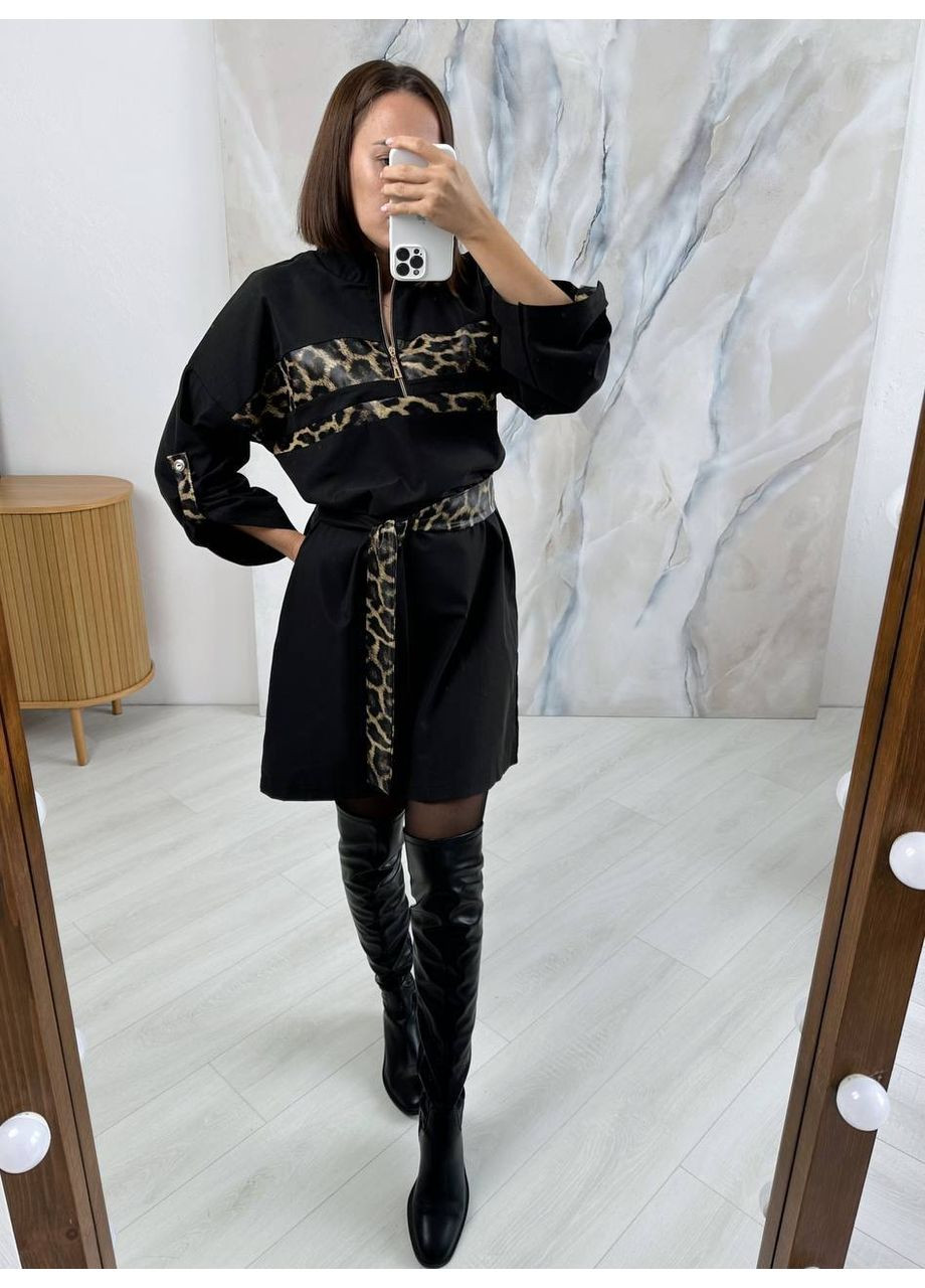 Черное праздничный платье с леопардовыми вставками — замеры в описании силуэтная GD/GL Модний простір леопардовый