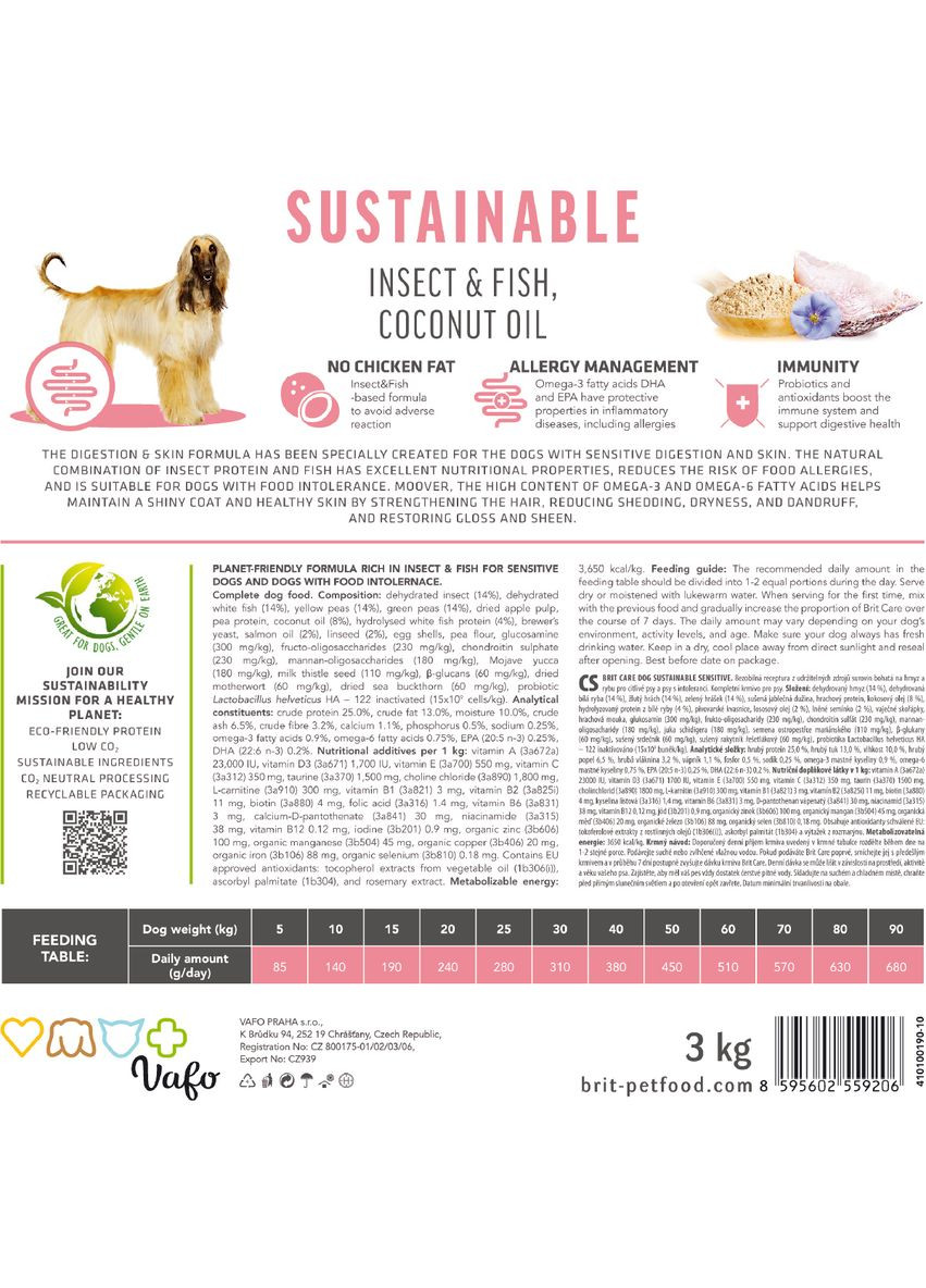 Сухой корм Dog Sustainable Sensitive для собак с чувствительным пищеварением, с рыбой и насекомыми, 3 кг Brit Care (362702518)