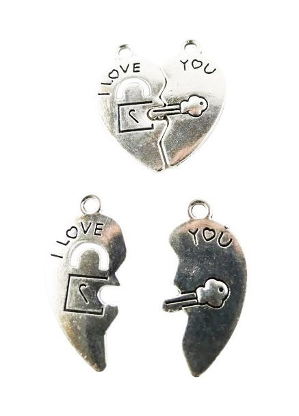 Парная подвеска Половинки сердца ключ замок I LOVE YOU Античное серебро 28 мм x 30 мм Цена за пару Finding (341384275)
