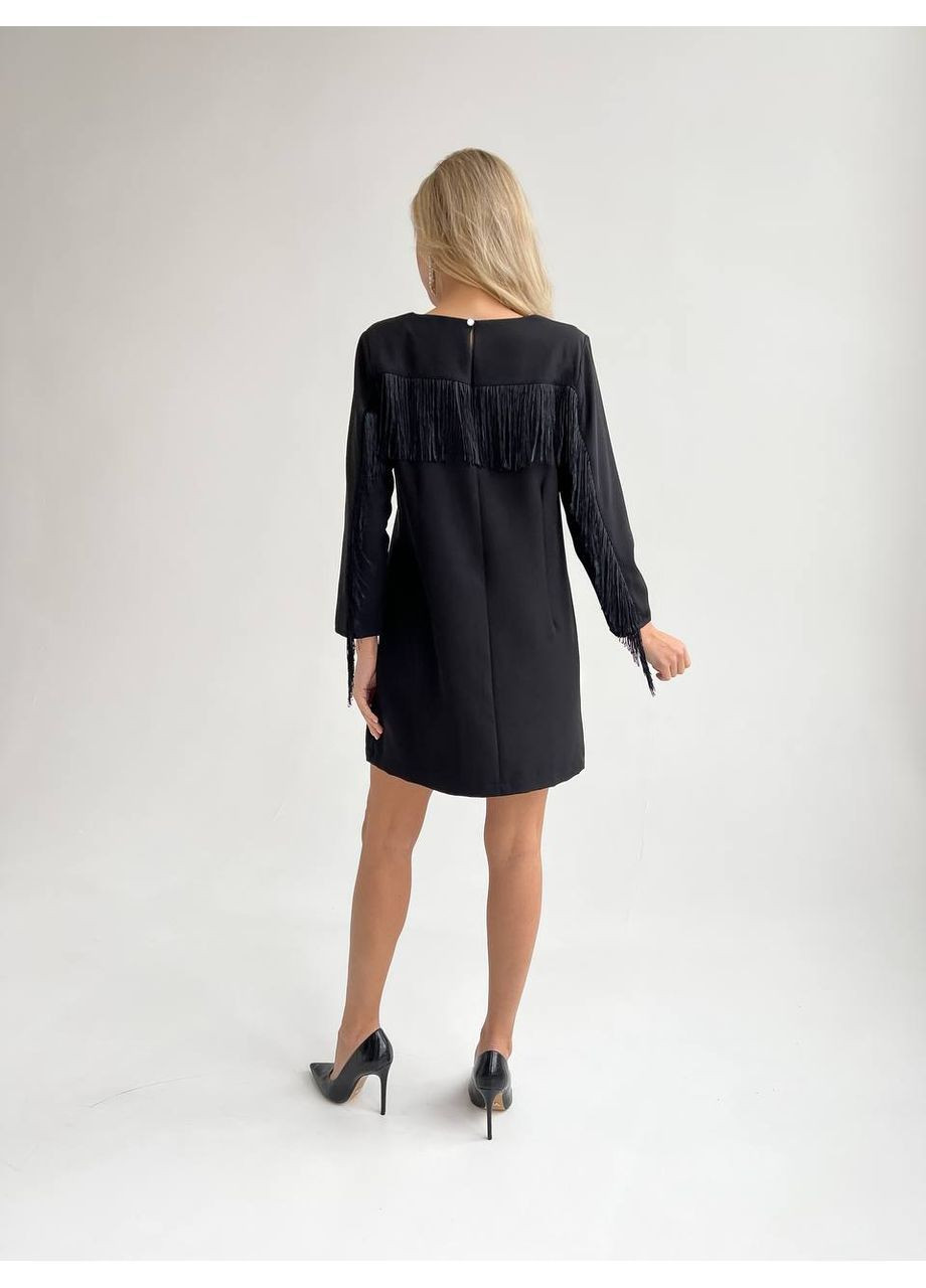 Чорна вечірня міні-сукня а-силуету з бахромою на рукавах MonCher