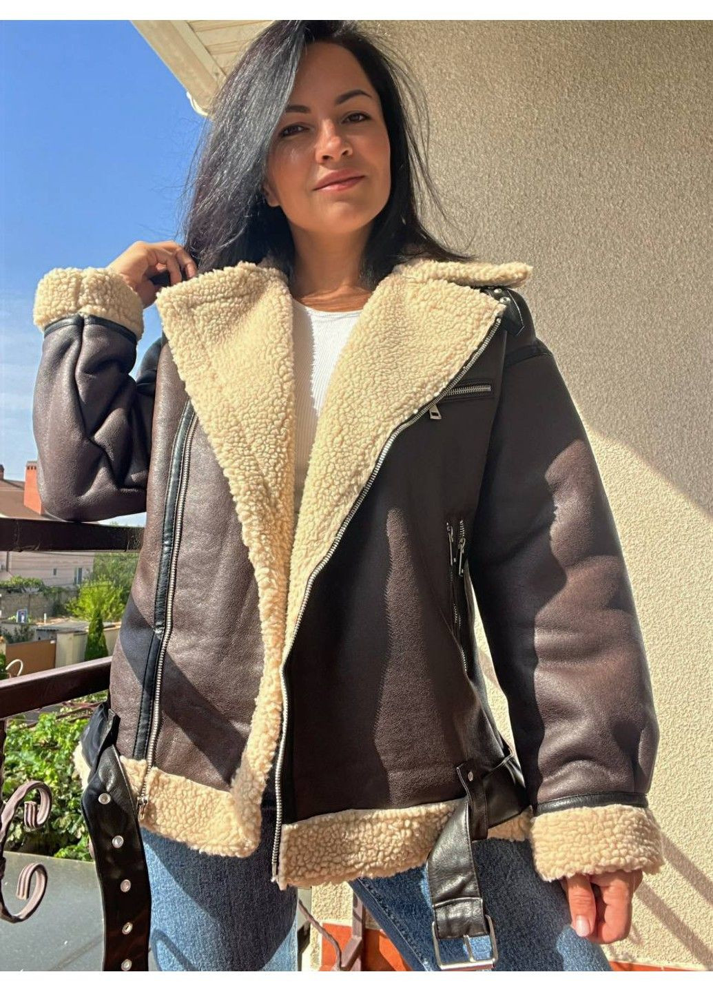 Дубленка женская 264 удлиненная оверсайз мех пилот молнии с ремнем AFTF BASIC (304291656)