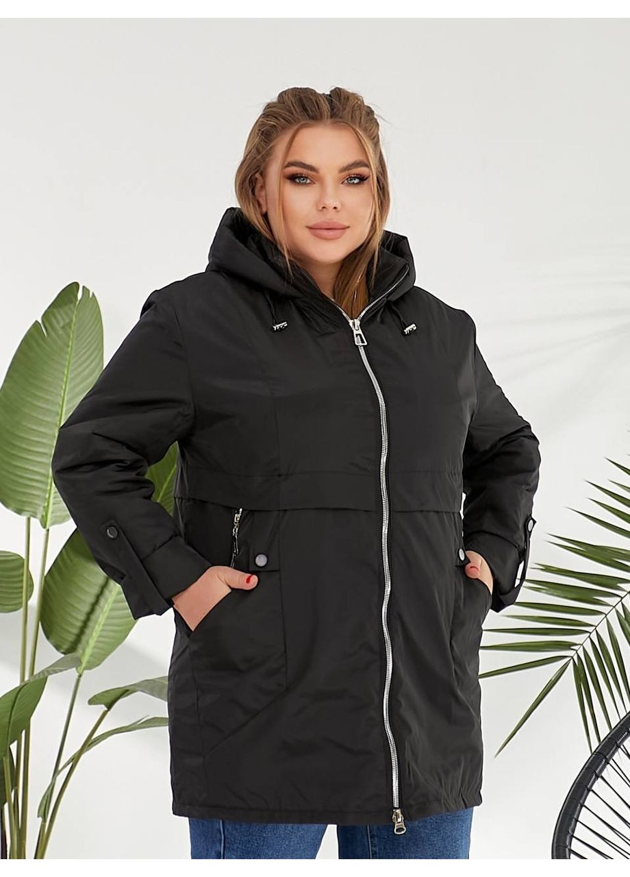 Черная демисезонная демисезонная женская куртка удлиненного кроя с капюшоном. MonCher
