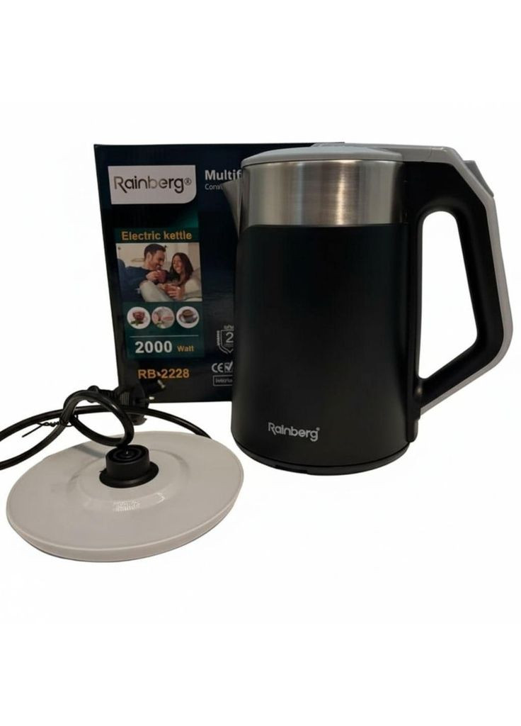 Електрочайник RB-2228 з нержавіючої сталі та пластику дисковий чайник 2л 2000Вт Чорний Rainberg (368904423)