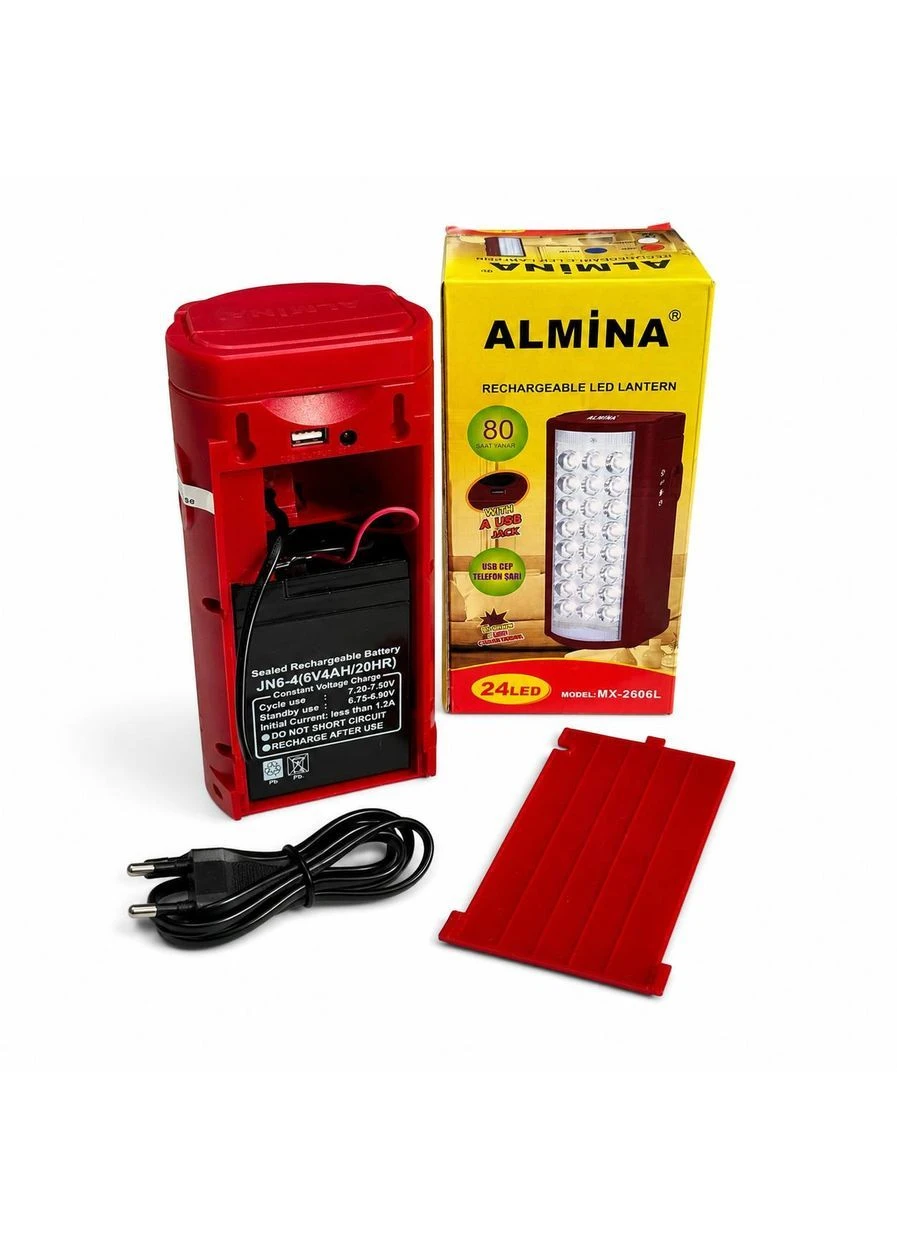 Акумуляторний LED-ліхтар з 24 світлодіодами та USB-виходом Червоний (M1158) Almina (404063313)