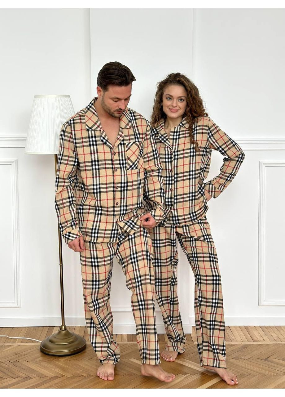 Комбинированная женская пижама двойка в бежевая клеточку. пижама фланелевая теплая с длинным рукавом. домашний костюм женский oversize клетка No Brand