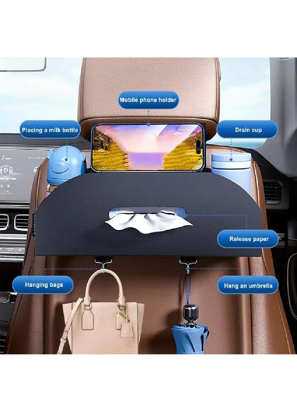 Органайзер поличка підставка для установки на спинку сидіння в салон машини автомобіля екошкіра 37х10х14 см (477057-Prob) Чорний Unbranded (294182736)