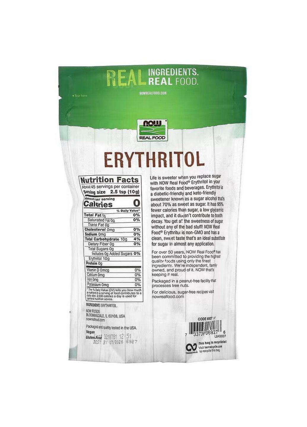 Замінник живлення Erythritol, 454 грам Now (294928058)