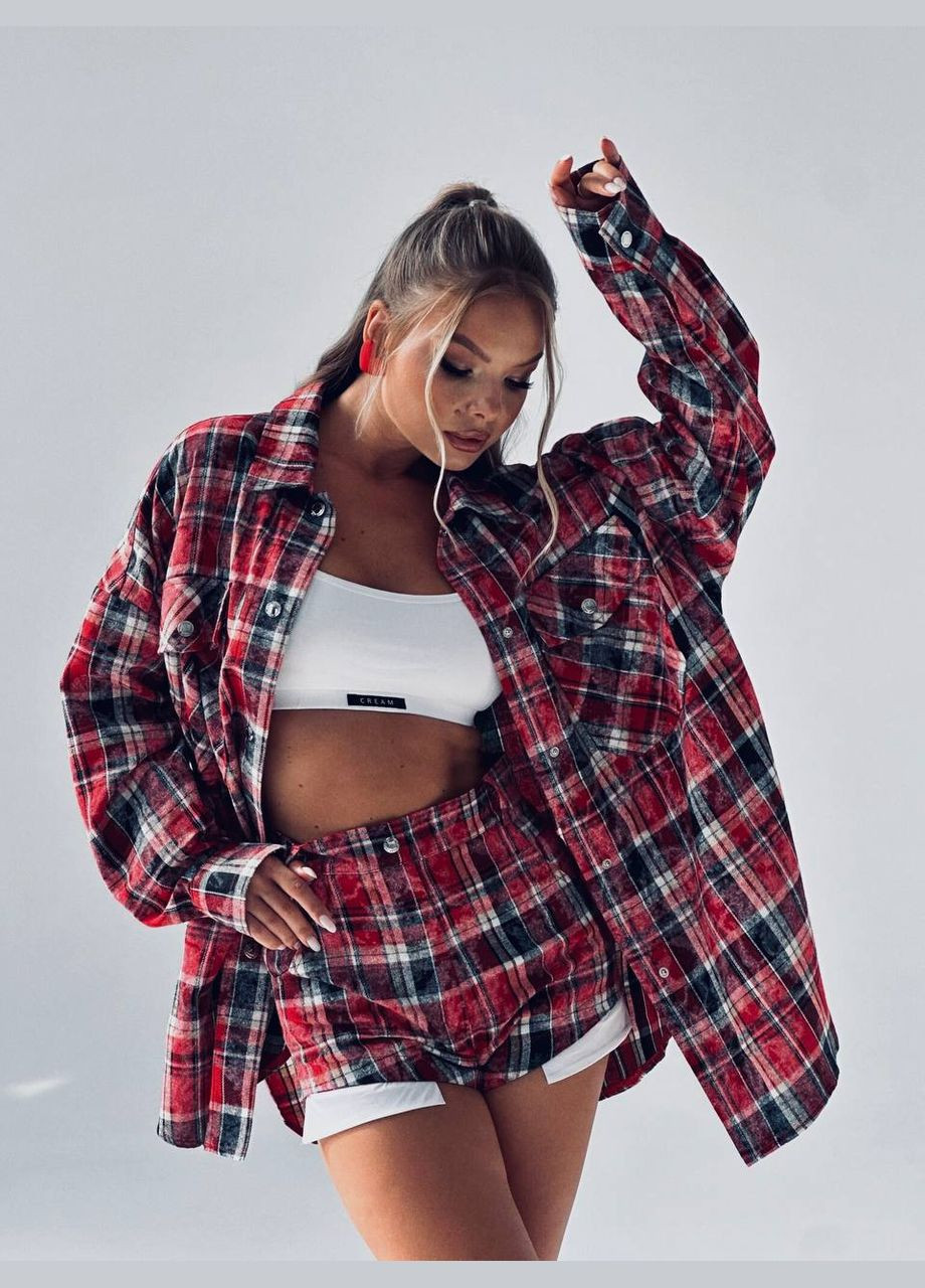 Стильний червоний з синім костюм-двійка в клітку з турецької фланелі, комфортний та ідеально підходить для повсякденних образів. No Brand 743-1 (319355848)