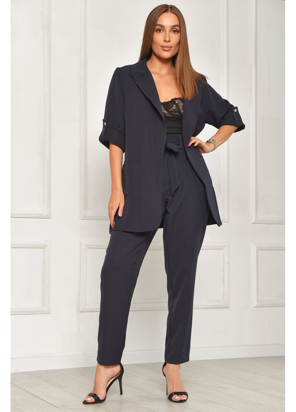 Костюм жіночий однотонний темно-синього кольору Let's Shop (348781838)