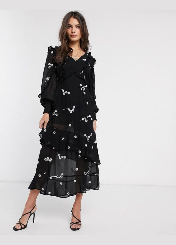 Чорна сукня міді у вишиті квіти з вишивкою River Island