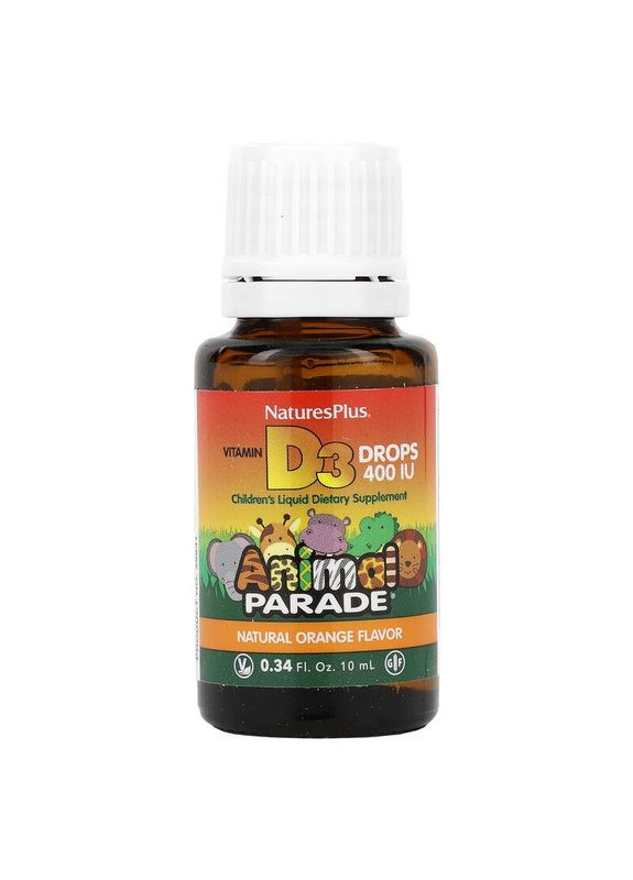 Вітамін D3 у краплях, Vitamin D3 Drops,, Animal Parade, апельсиновий смак, 400 МО, 10 мл Nature's Plus (367990214)