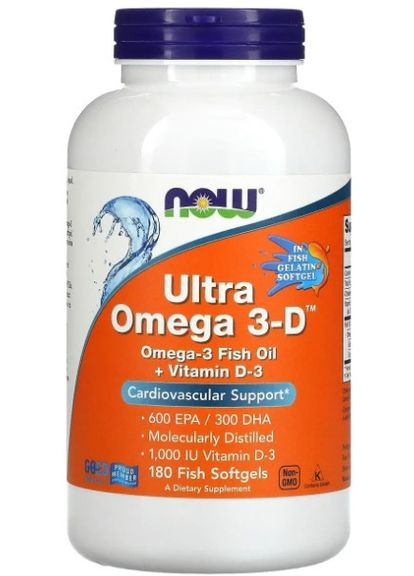 Омега 3-Д Ультра Omega 3-D, 600 EPA / 300 DHA 180 риб'ячих гелевих капс Now Foods (365751803)