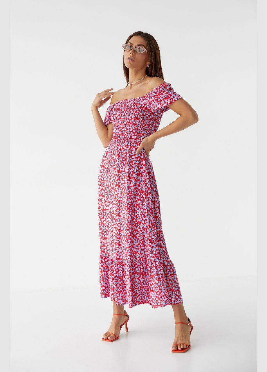 Лавандова повсякденний жіноча довга сукня з еластичним поясом 5554 Lurex з квітковим принтом