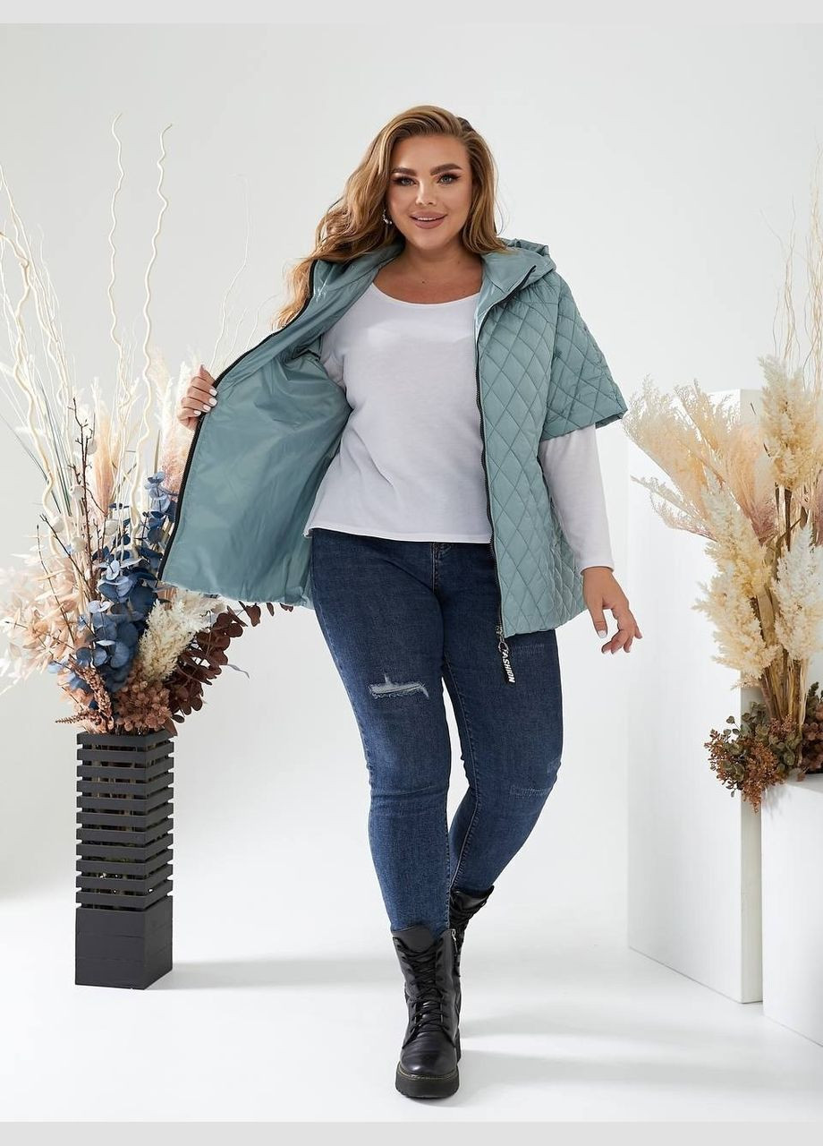 Жіноча мятна бірюзова жилетка безрукавка батал для великих розмірів з капюшоном з рукавами до локтя з кишенями Viki Жилет (316035132)
