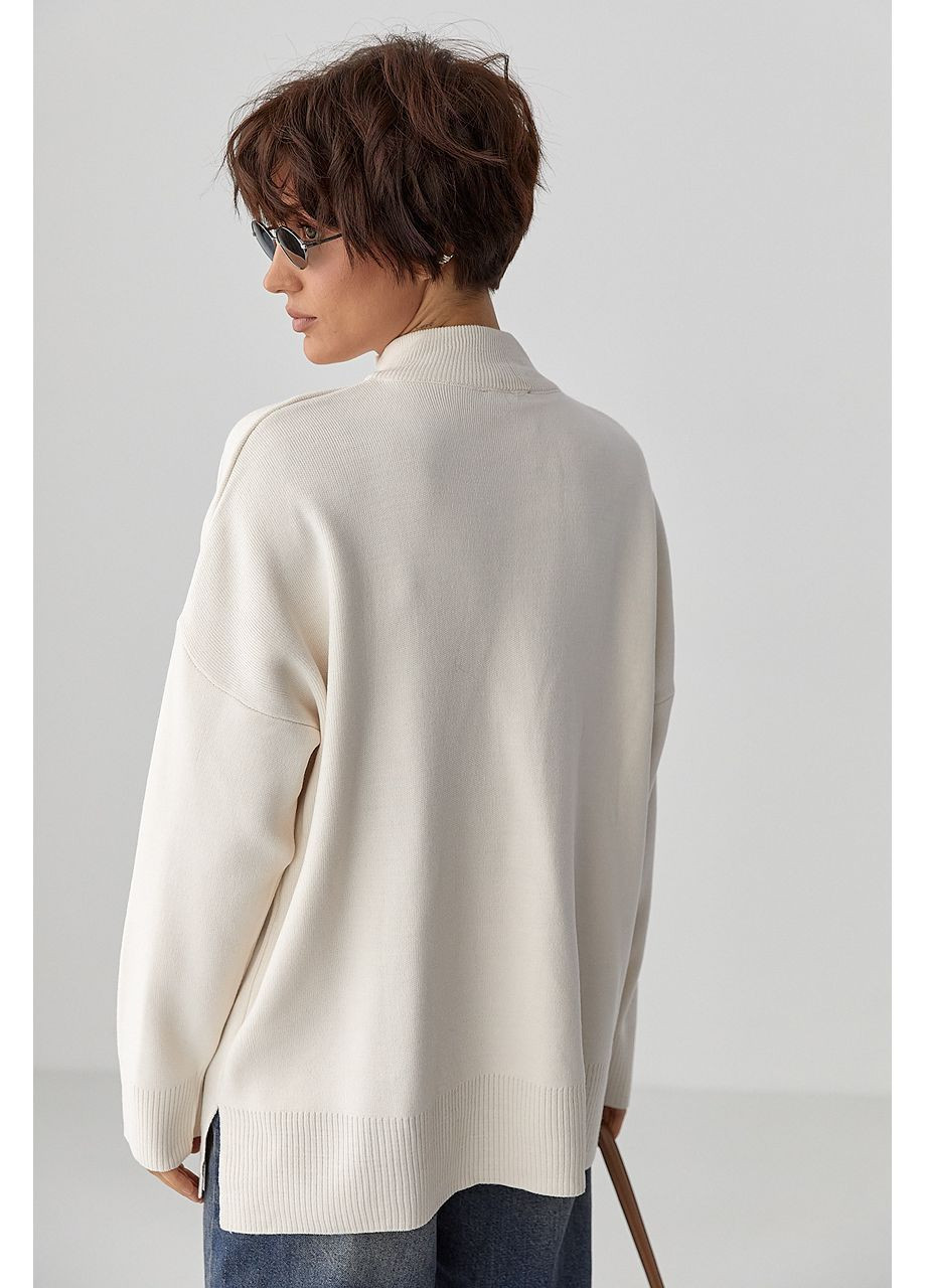 Молочний демісезонний светр оверсайз з блискавкою на горловині - коричневий колір Lurex