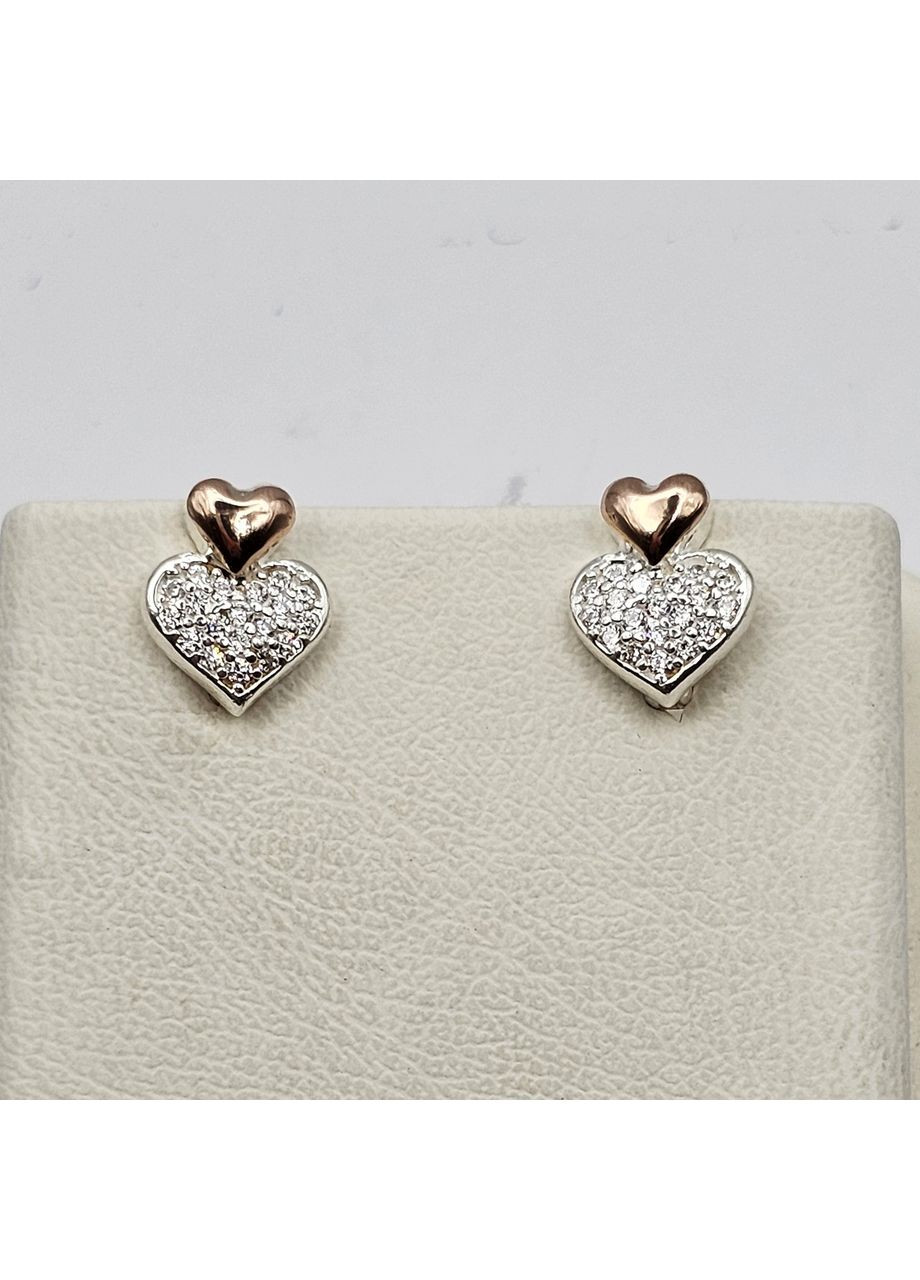 Сережки срібні з кубічним цирконієм і золотими пластинами "Сердечко" 2,18 г No Brand (369737185)