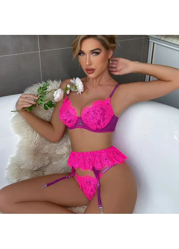 Розовый демисезонный кружевной комплект с поясом. кружевной комплект с поясом. малиновый женский комплект белья для секса No Brand