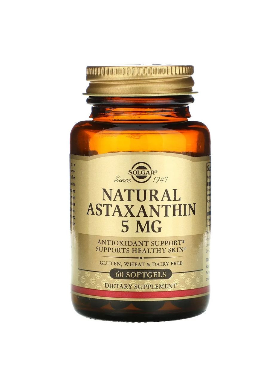 Натуральный астаксантин (Natural Astaxanthin) 5 мг 60 мягких таблеток Solgar (361118606)