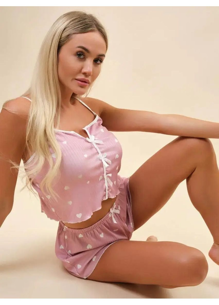 Рожева всесезон стильна приваблива піжама лялечка майка+шортики в комплекті, піжама в рубчик з принтом серце майка + шорти No Brand піжама Лялечка чорна