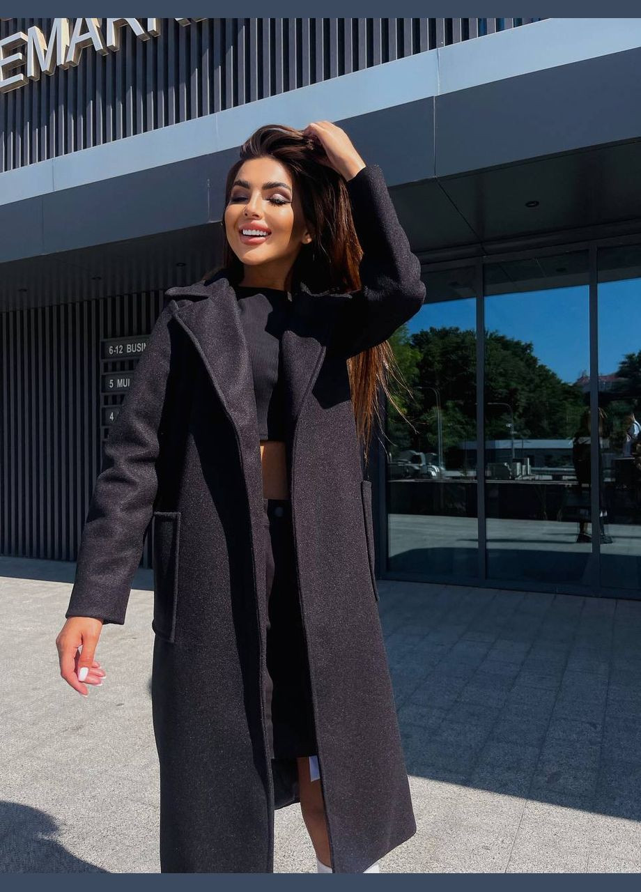 Черное демисезонное Шикарное пальто качества люкс из ткани: кашемир шерсть + качественный подклад, чёрное пальто с поясом и двумя карманами No Brand