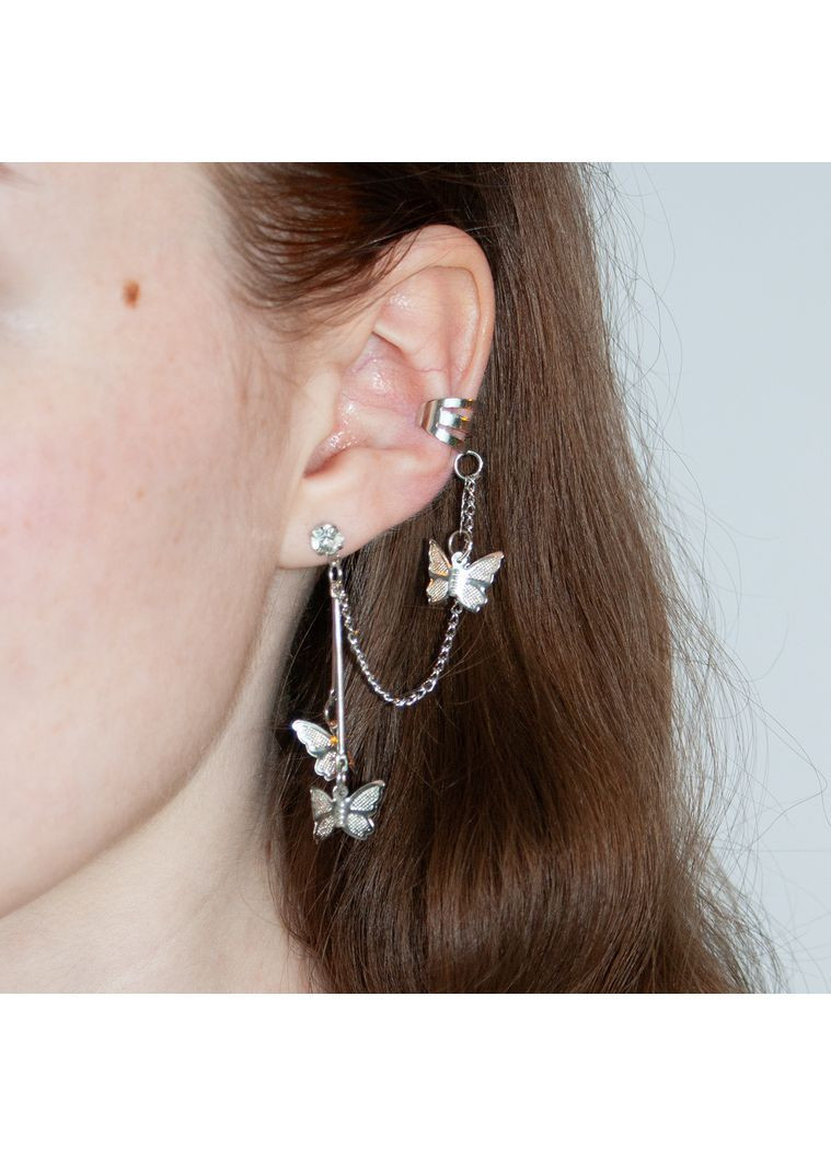 Серьга с каффой на цепи пуссет с несколькими кавай бабочками клипса современный корейский серебристый на ухо coquette лолита No Brand (366237410)