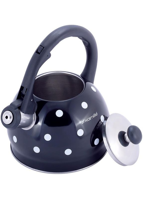 Чайник Polka Dot из нержавеющей стали 2л черный свистковый чайник для чая и кипятка в горошек Kamille (368979842)