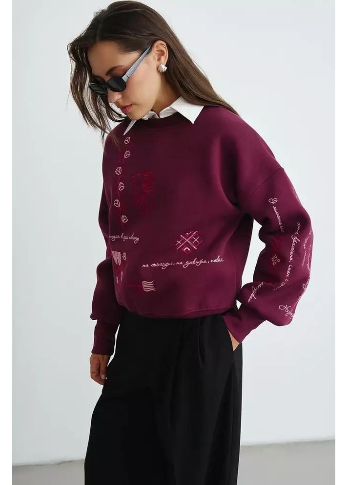 Бордовый женский утеплённый свитшот с украинскими орнаментами mkrm4288 Rica Mare (362575380)