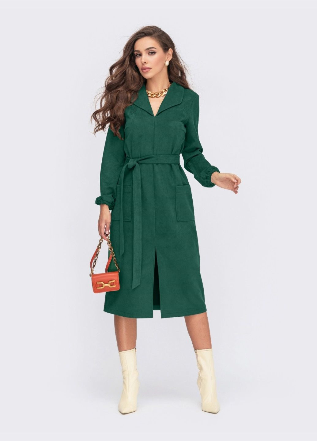 Зеленое замшевое платье с карманами и разрезом зелёное Dressa