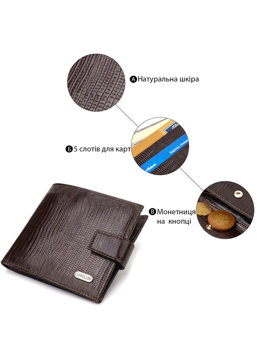 Мужской современный кошелек горизонтального формата из натуральной кожи с тиснением 21757 Коричневый Canpellini (331911049)