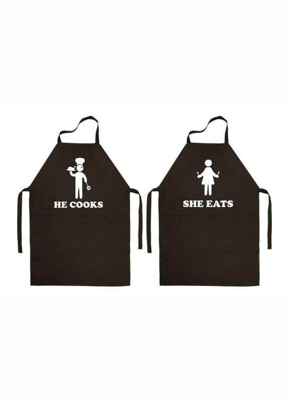 Парные фартуки черные с оригинальным принтом "Он готовит. Она ест" Кавун (316112356)