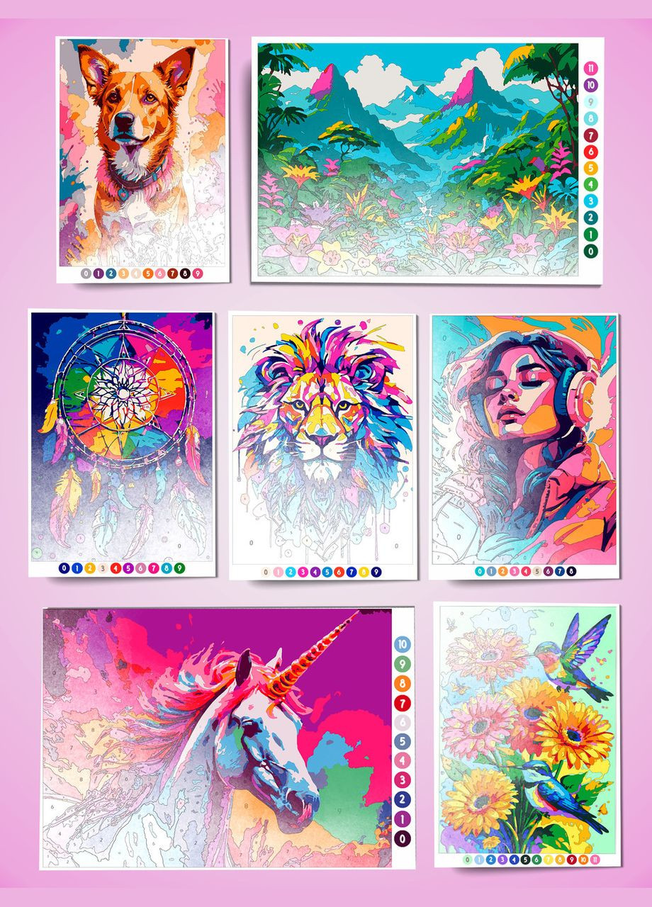 Раскраска антистресс для взрослых по номерам, цифрам Набор №5 для рисования карандашами, красками, маркерами, 7 шт А4 No Brand (318092863)