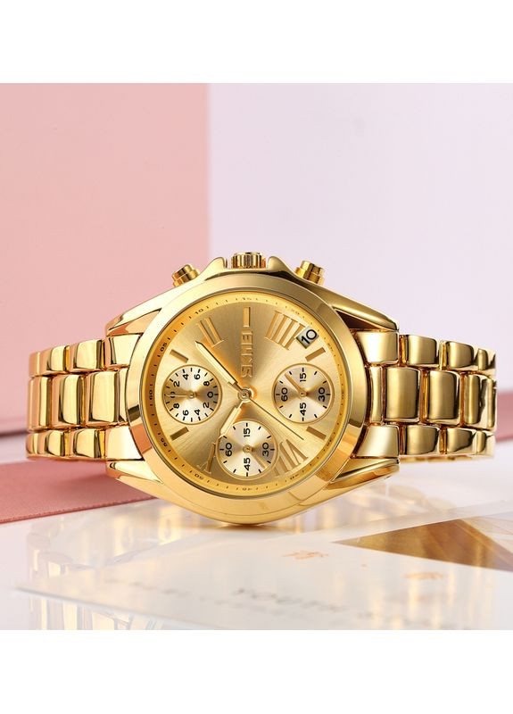 Женские часы 1897GD Gold кварцевые с хронографом и календарем золотистые стильные наручные часы ProDobro (367266547)