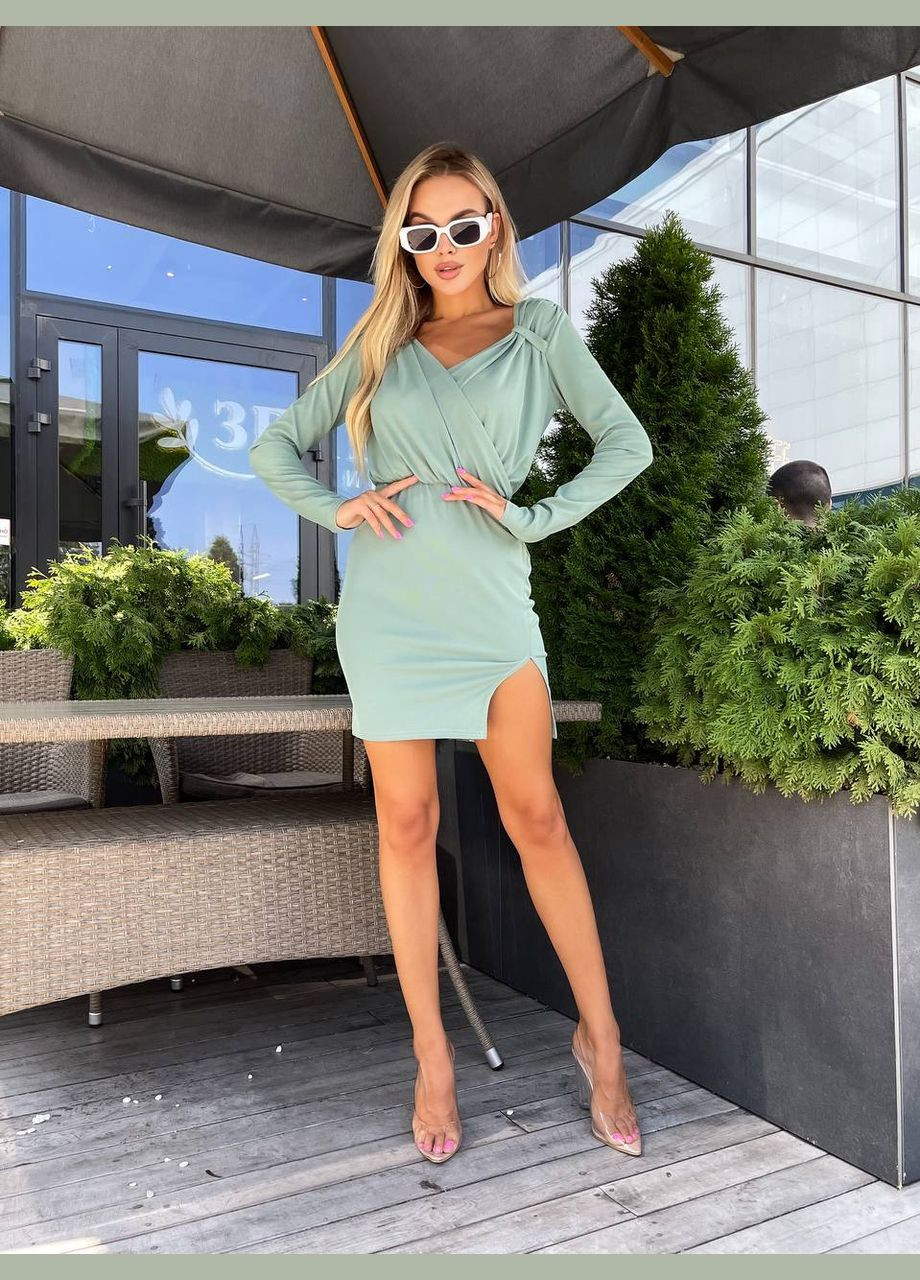 Мятное повседневный, праздничный женское платье мини с разрезом футляр Україна однотонное