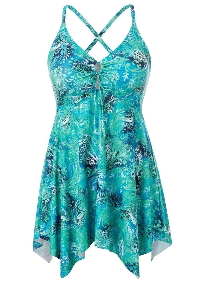 Блакитний літній жіночий купальник-сукня hanna nikole tankini plus size з коригуючим ефектом (8179) роздільний, танкіні FS