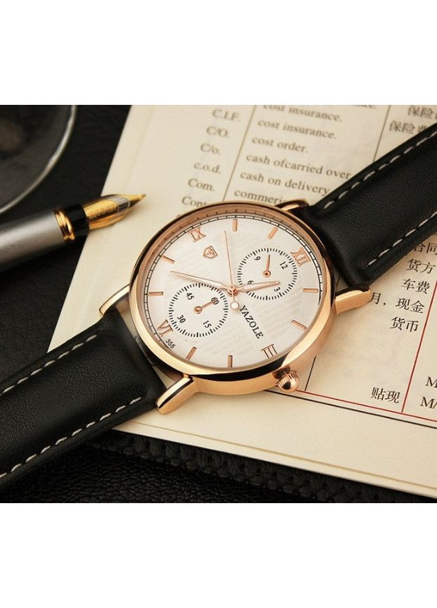 Чоловічий наручний кварцовий годинник Yazole зі шкіряним ремінцем водонепроникний чорний і коричневий (sku_141) No Brand (350906463)