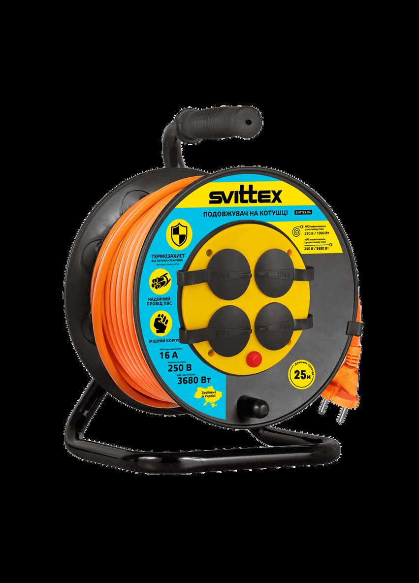 SV-004-О-IP 44 Подовжувач на котушці (25 м) серія СТАНДАРТ з термозахистом, 2х1,5 мм² помаранчевий Svittex (316595404)