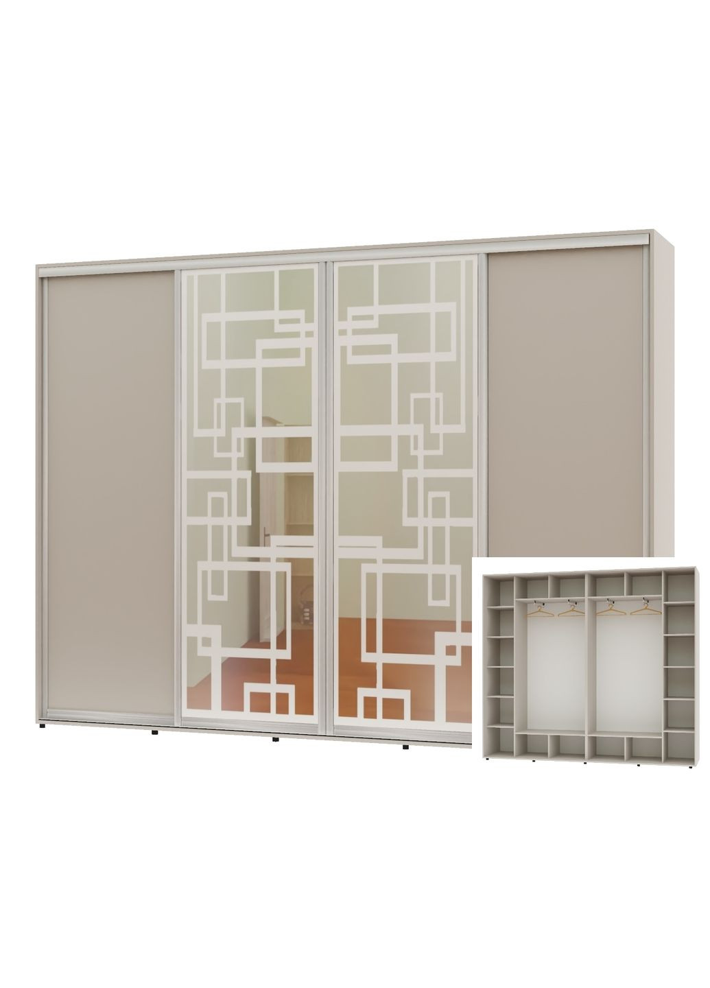 Шкаф-купе четырехдверный 320*45*220 Кашемир 2 ДСП/2 Зеркала с пескоструйным рисунком Алекса (360476958)
