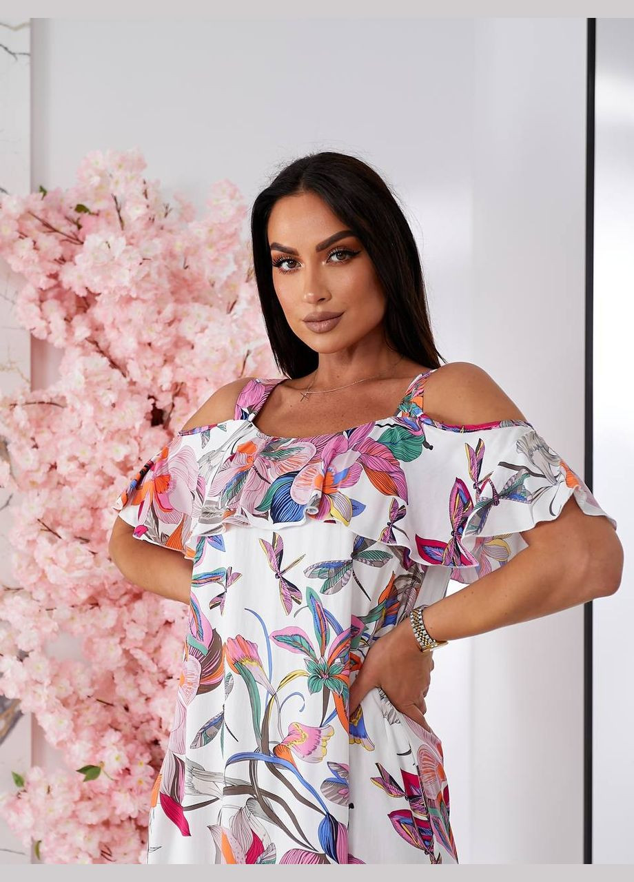 Белое праздничный, коктейльное, повседневный, кэжуал, вечернее стильное яркое платье с открытыми плечами No Brand с абстрактным узором